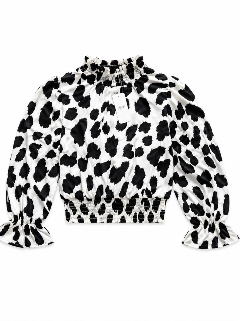 NWT Glam Black & White Animal Print Smocked Blouse Size Small